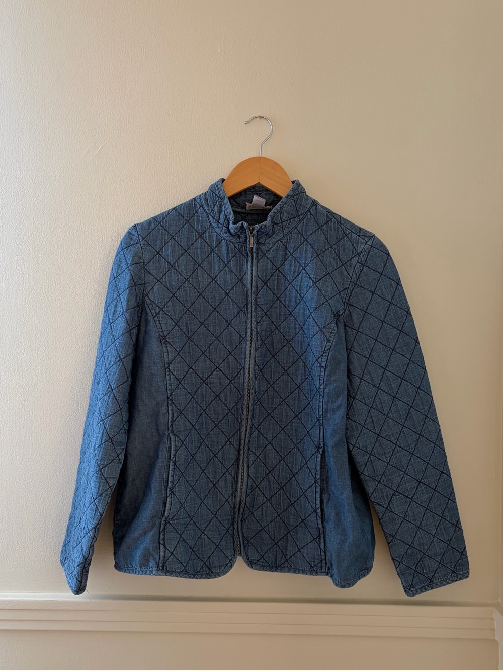 Quilted Denim-Blue Bomber Jacket - Women's Zip Front
